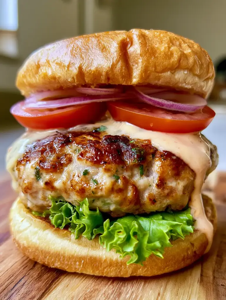 Turkey Burger: The Ultimate Juicy Gourmet Recipe 2 Extreme close-up of a seared turkey burger patty with melted cheese and fresh red onion. (turkey burger)