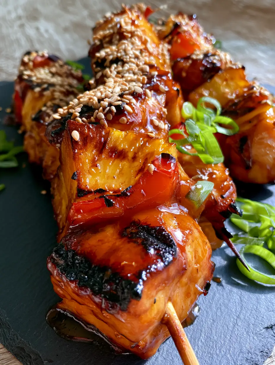 Close-up of Hawaiian Chicken Kebabs showing caramelized pineapple edges and blistered red peppers with sesame seeds. (Hawaiian Chicken Kebabs)