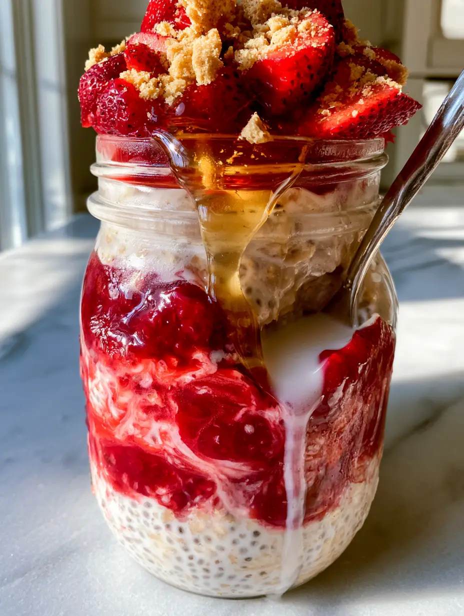 Close up of creamy overnight oats recipe layers with glossy strawberry compote and a silver spoon. (overnight oats recipe)