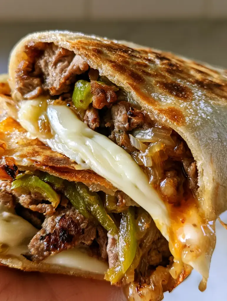 Philly cheesesteak quesadilla recipe: The Ultimate Cheesy Fusion 2 Macro shot of a toasted flour tortilla with golden-brown leopard spotting and melted cheese oozing out. (Philly cheesesteak quesadilla recipe)
