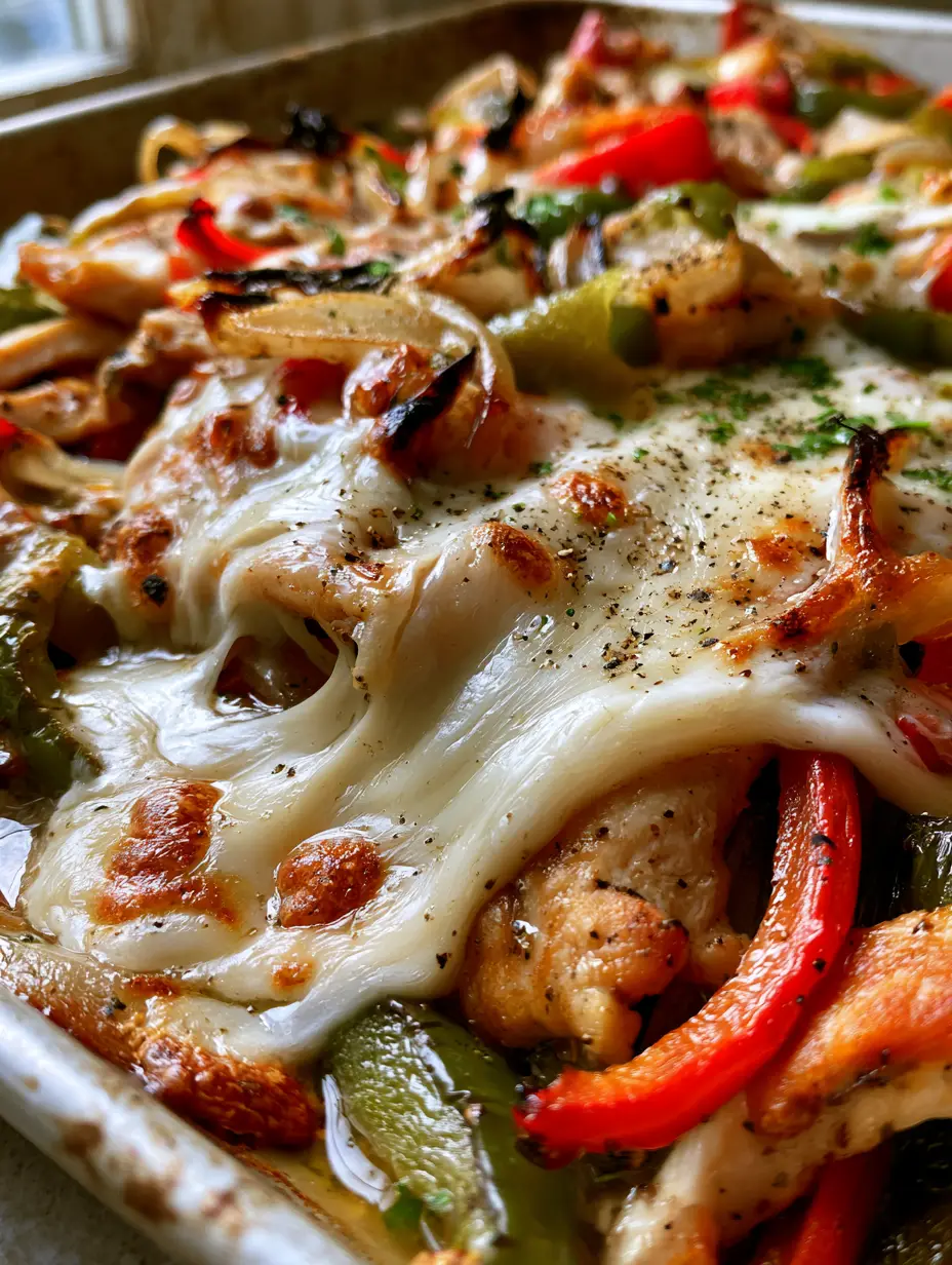 Close up of seared chicken breast and blistered green peppers for chicken philly cheese steaks.