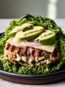 Close up of a thick succulent turkey burger patty with melted white cheddar and dark brown sear marks. (low carb turkey burger)