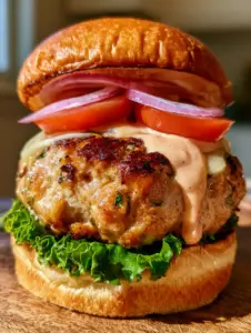 Close-up of a juicy Teriyaki turkey burger patty with dark grill marks and amber glaze dripping down.