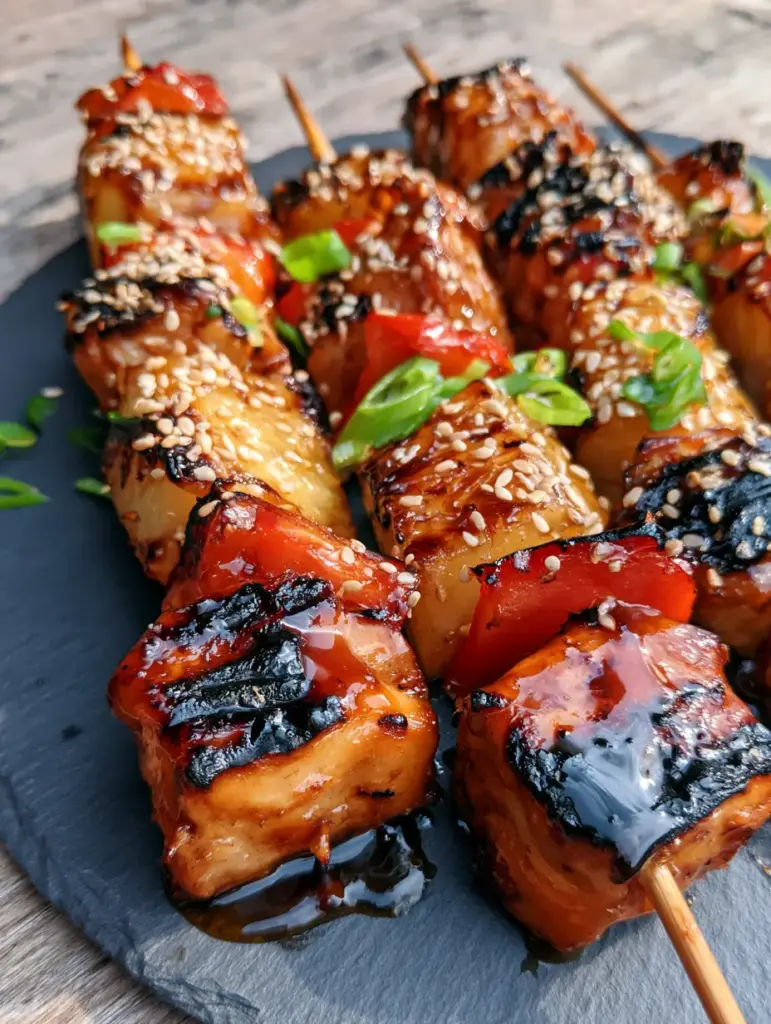 Top-down view of glistening Hawaiian Chicken Kebabs with dark amber glaze and fresh scallions.