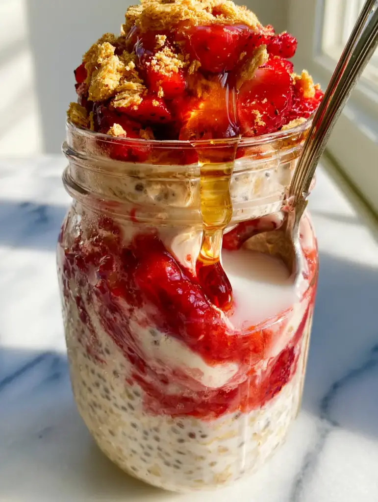 Overhead view of a mason jar with honey drizzled over strawberries and graham cracker crumbs.