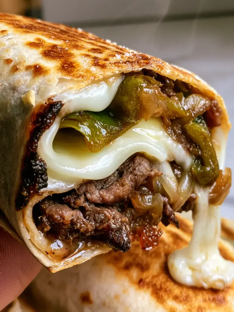 Philly cheesesteak quesadilla recipe: The Ultimate Cheesy Fusion 1 Cross-section of a Philly cheesesteak quesadilla revealing layers of shaved ribeye, green peppers, and white melted cheese.