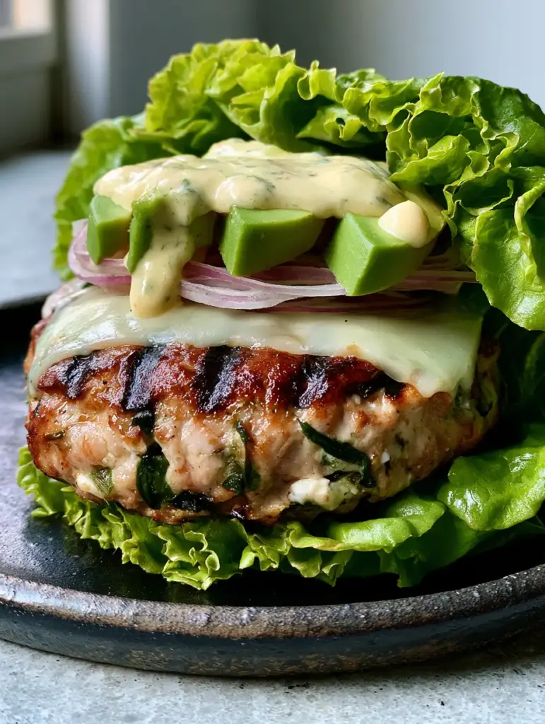 low carb turkey burger with Spinach, Feta, and Creamy Herb Aioli 1 Three wedges of avocado and red onion rings topping a cheesy low carb turkey burger.