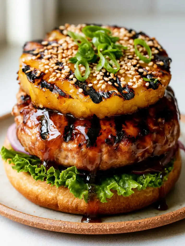 Teriyaki Turkey Burger with Charred Pineapple and Sesame Scallion Garnish 1 Toasted brioche bun topped with fresh lettuce, red onion, and a teriyaki turkey patty with charred pineapple.
