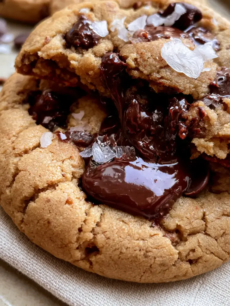Handheld photo of a thick brown butter cookie with Nutella lava mid-drip on a linen napkin.