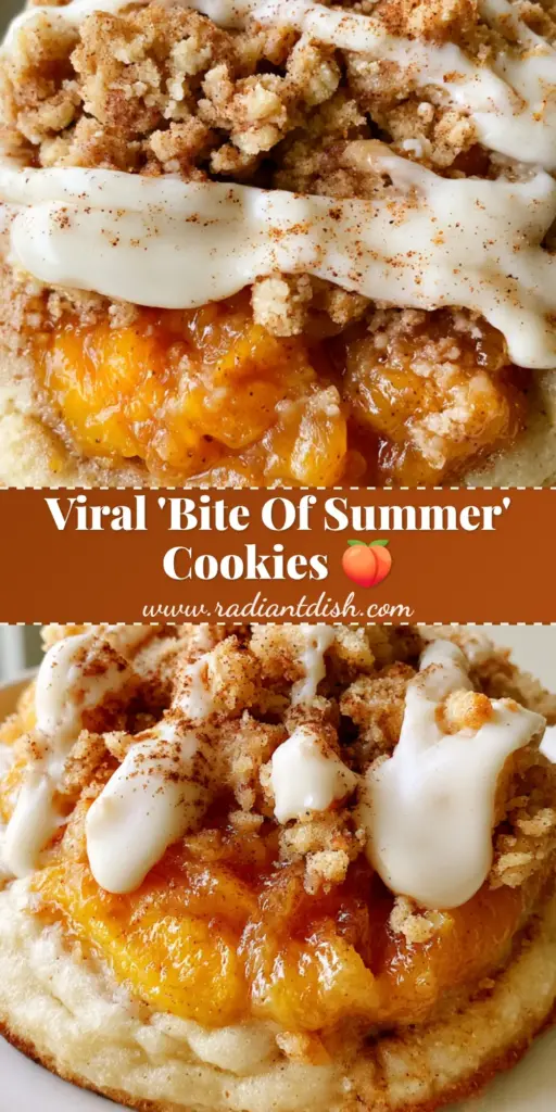 A thick, oversized peach cookie held by a hand, topped with roasted peaches, cinnamon streusel, and white cream cheese drizzle. (peach cookies)