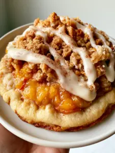 Close up photo of peach cookies showing the golden-brown streusel and glistening roasted fruit. (peach cookies)
