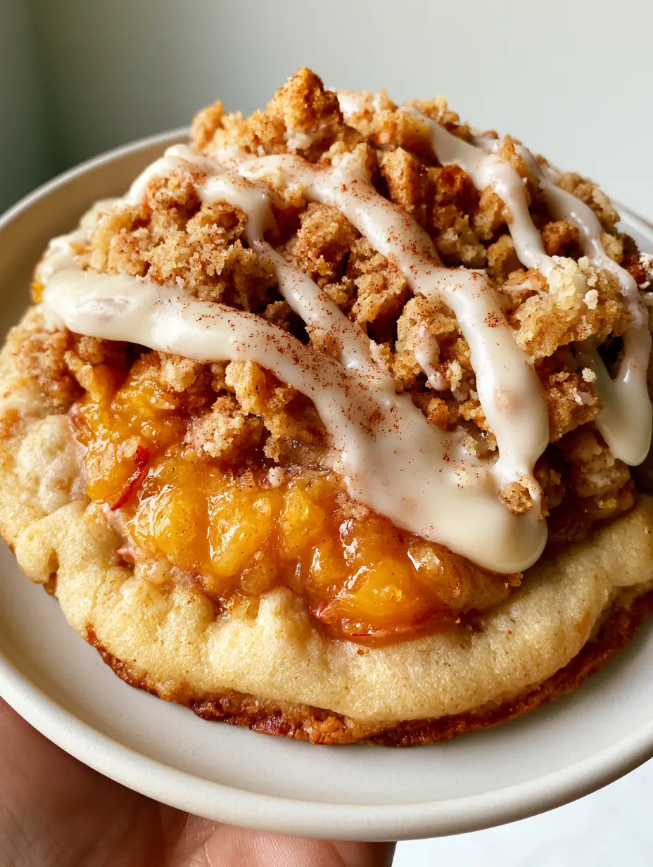 Close up photo of peach cookies showing the golden-brown streusel and glistening roasted fruit. (peach cookies)