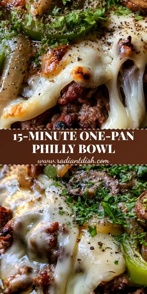 A top-down macro shot of a Ground beef Philly cheesesteak bowl in a cast iron skillet with melted bubbling provolone cheese and seared mushrooms.