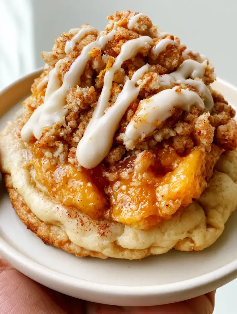 A handheld shot of a thick peach cookie with heavy ribbons of white cream cheese glaze.
