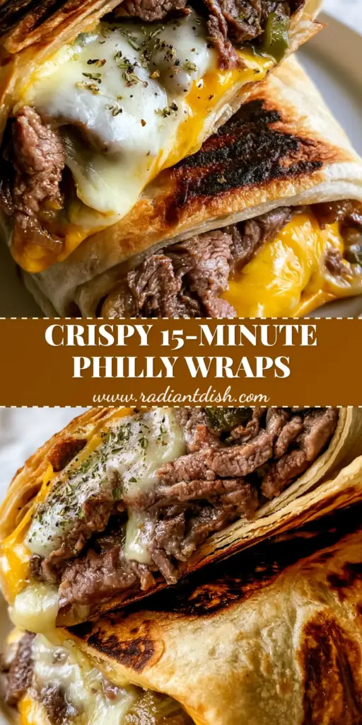 A stack of two philly cheesesteak grilled wraps sliced open to show dripping cheese and seared ribeye steak.