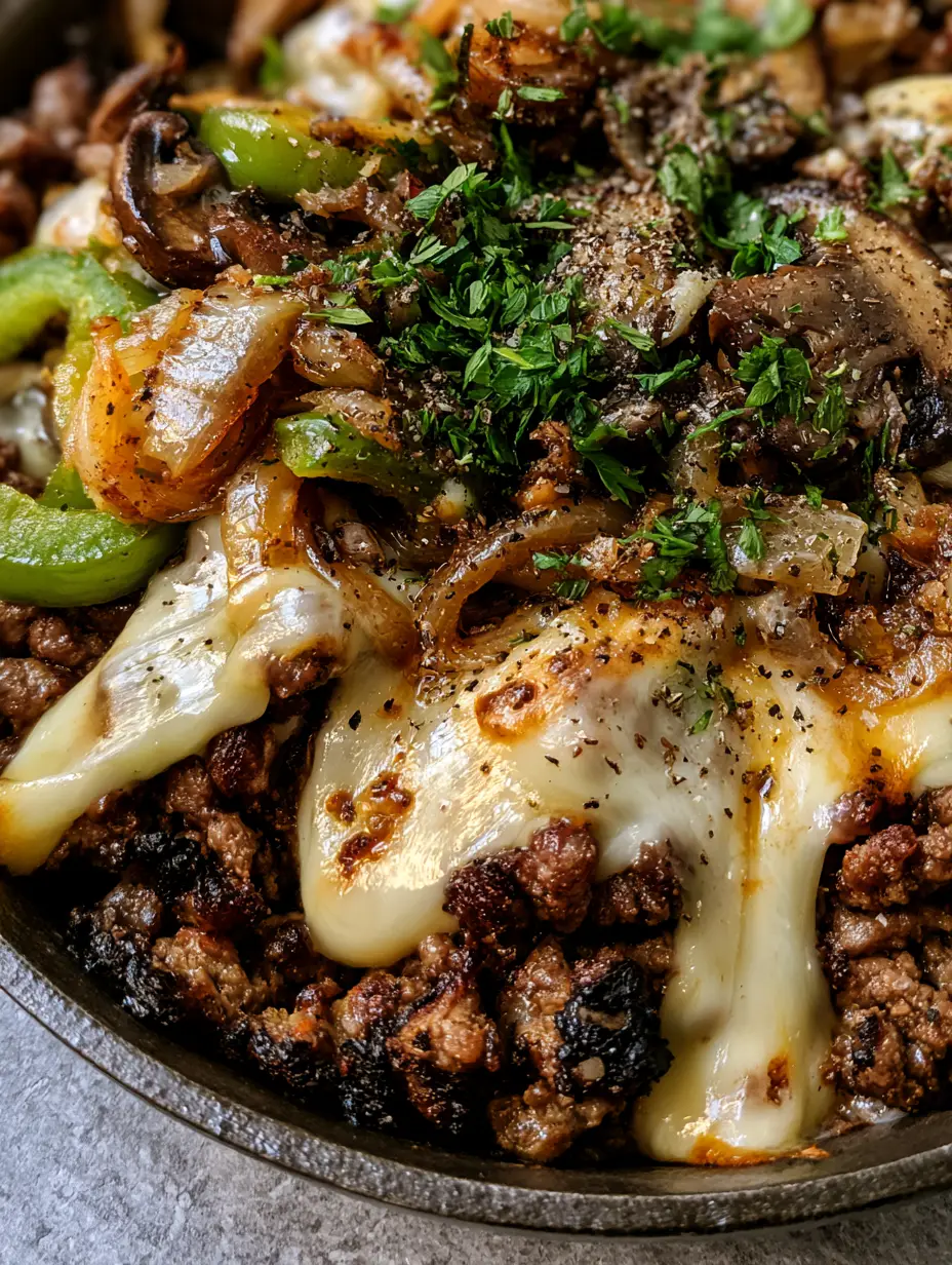 Macro shot of seared ground beef with charred edges and gooey provolone cheese strands. (Ground beef Philly cheesesteak bowl)