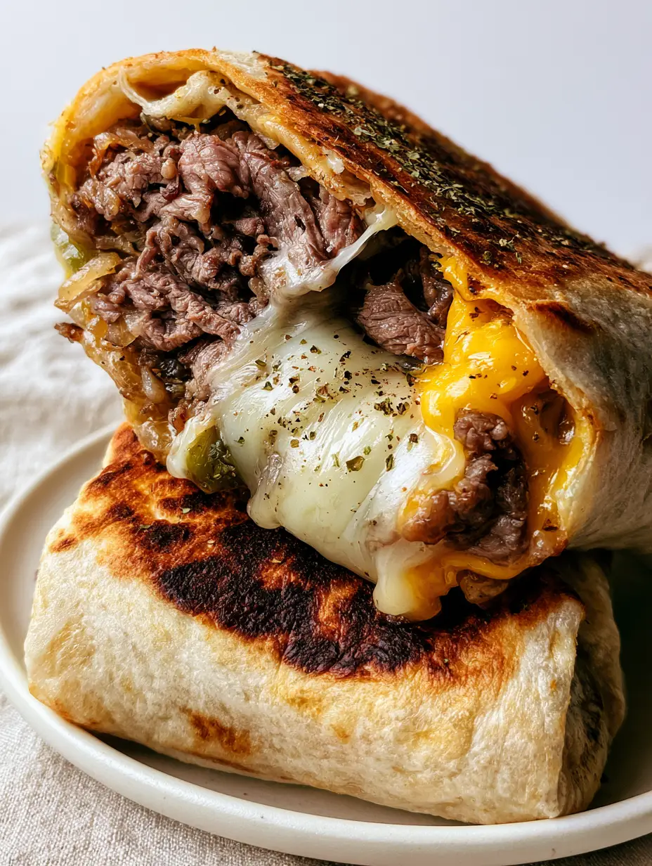 Macro shot of philly cheesesteak grilled wraps showing melted provolone and yellow american cheese with caramelized onions.