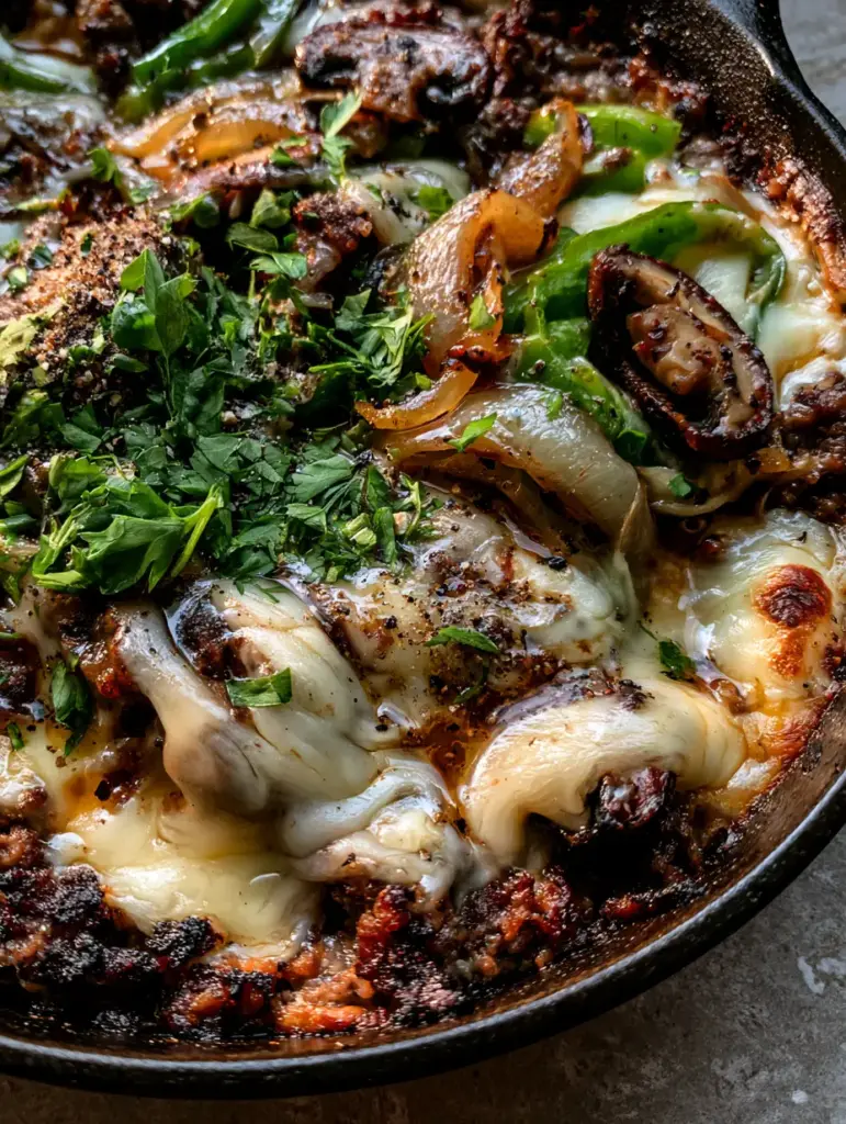 Close up of tender-crisp green peppers and caramelized onions layered with ground beef and melted cheese.