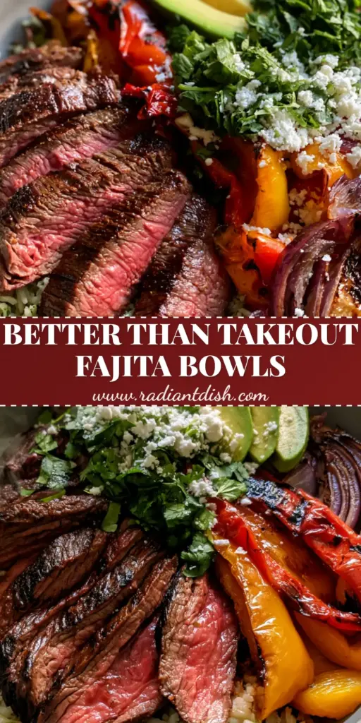 Steak Fajita Bowl with Cilantro Lime Rice and Avocado 4 A premium steak fajita bowl featuring medium-rare flank steak, charred peppers, and avocado on cilantro lime rice in a grey bowl. (steak fajita bowl)
