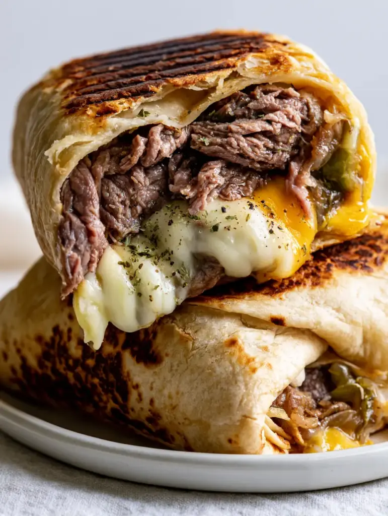 Two diagonal cut philly cheesesteak grilled wraps on a white plate with dark char marks.