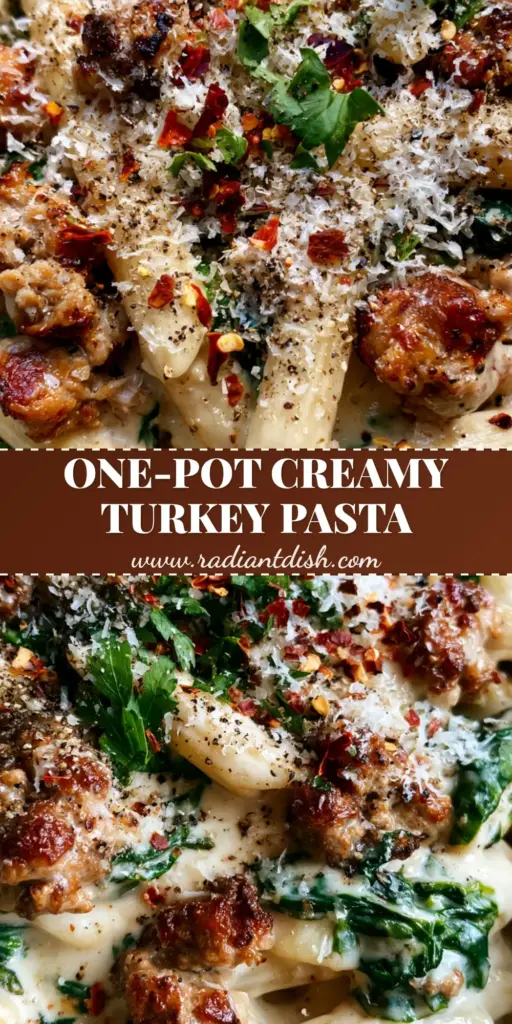 A ceramic bowl filled with creamy ground turkey spinach pasta, topped with parmesan, chili flakes, and fresh parsley. (creamy ground turkey spinach pasta)