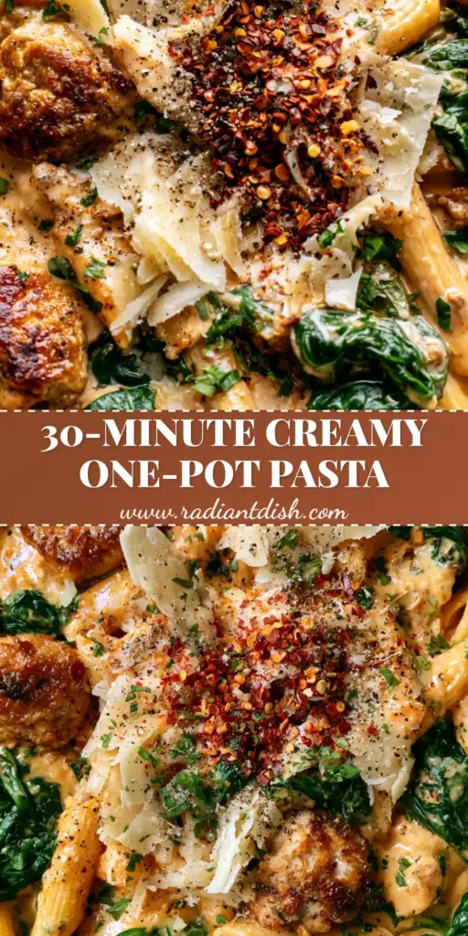 One-Pot Ground Turkey Pasta: The Creamiest 30-Minute Dinner 4 A close-up vertical shot of One-Pot Ground Turkey Pasta in a cream skillet featuring thick pale orange sauce, spinach, and parmesan shavings.