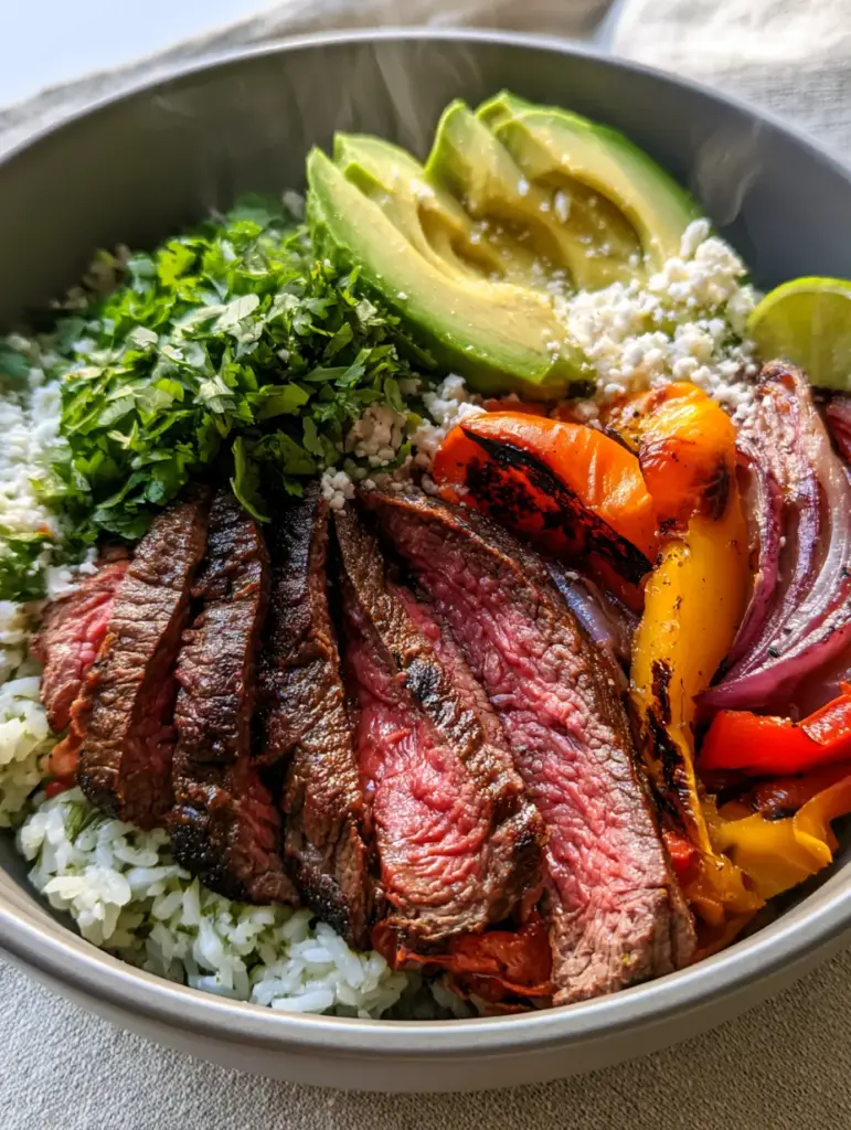 Steak Fajita Bowl with Cilantro Lime Rice and Avocado 2 Close up photo of a steak fajita bowl with thick slices of juicy medium-rare steak and crumbled cotija cheese. (steak fajita bowl)