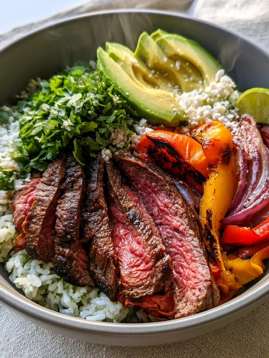 Steak Fajita Bowl with Cilantro Lime Rice and Avocado 3 Close up photo of a steak fajita bowl with thick slices of juicy medium-rare steak and crumbled cotija cheese. (steak fajita bowl)