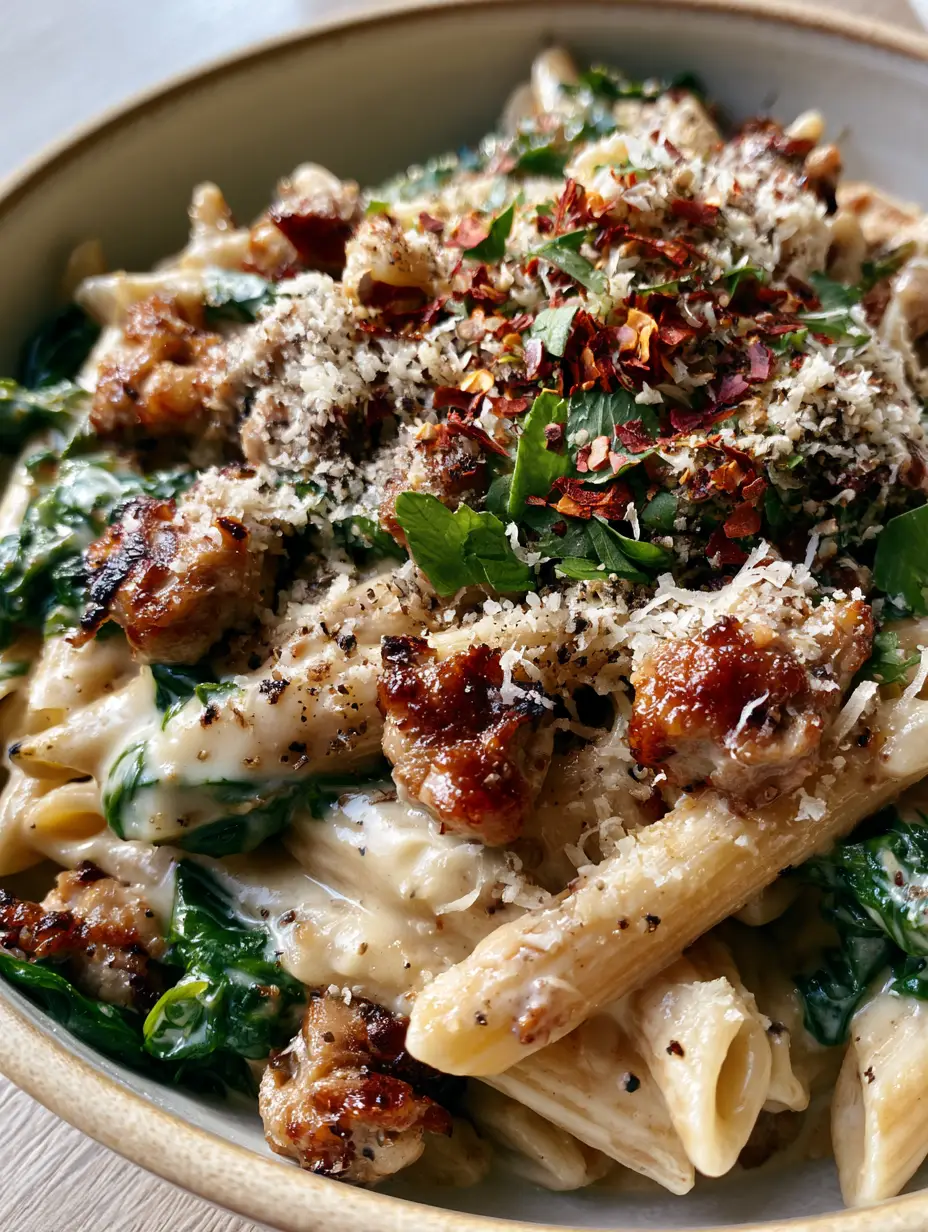 Close-up of glossy garlic cream sauce on penne with browned ground turkey crumbles and spinach. (creamy ground turkey spinach pasta)