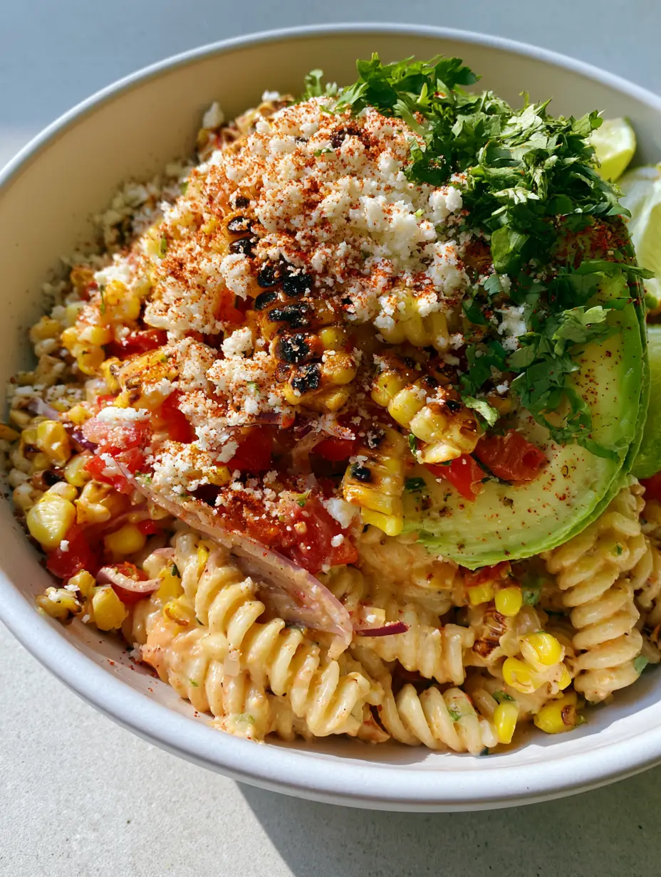 Top-down view of street corn pasta salad with charred corn, avocado, and cotija cheese for BBQ side dishes.