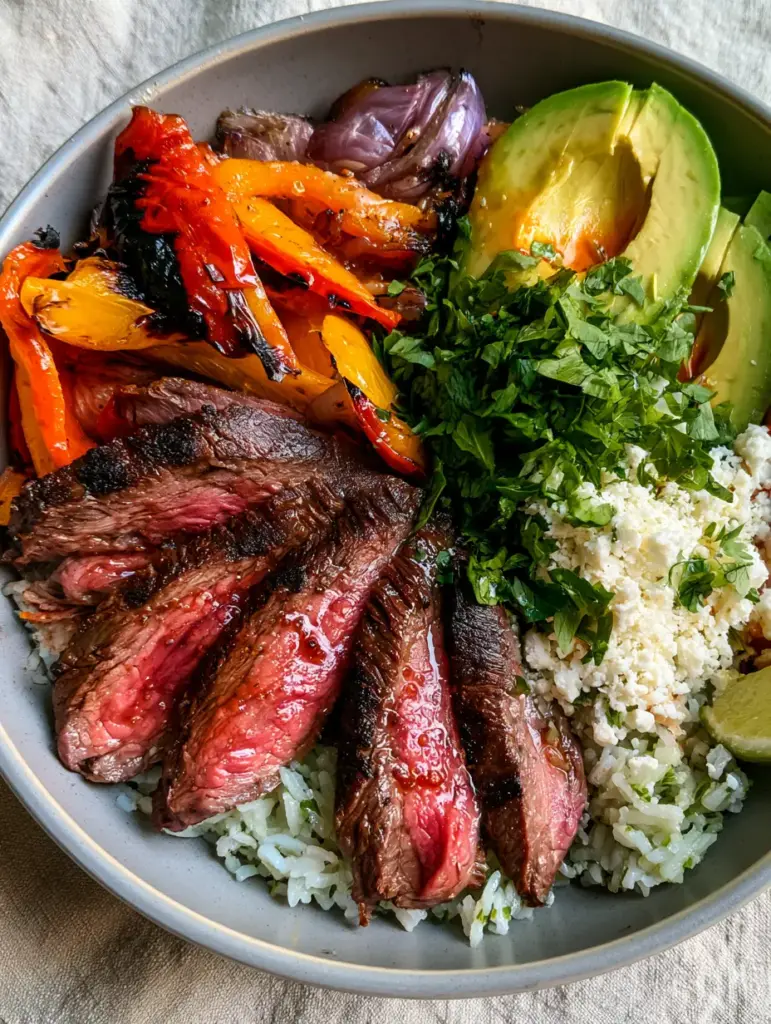 Steak Fajita Bowl with Cilantro Lime Rice and Avocado 1 A top-down view of a steak fajita bowl highlighting the blistered red bell peppers and fresh cilantro garnishes.