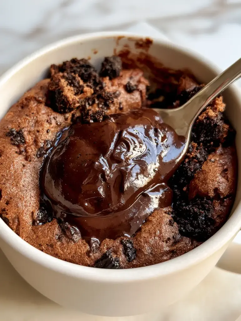 Extreme close-up of a steaming Oreo mug cake with visible crushed cookie chunks and chocolate ooze.