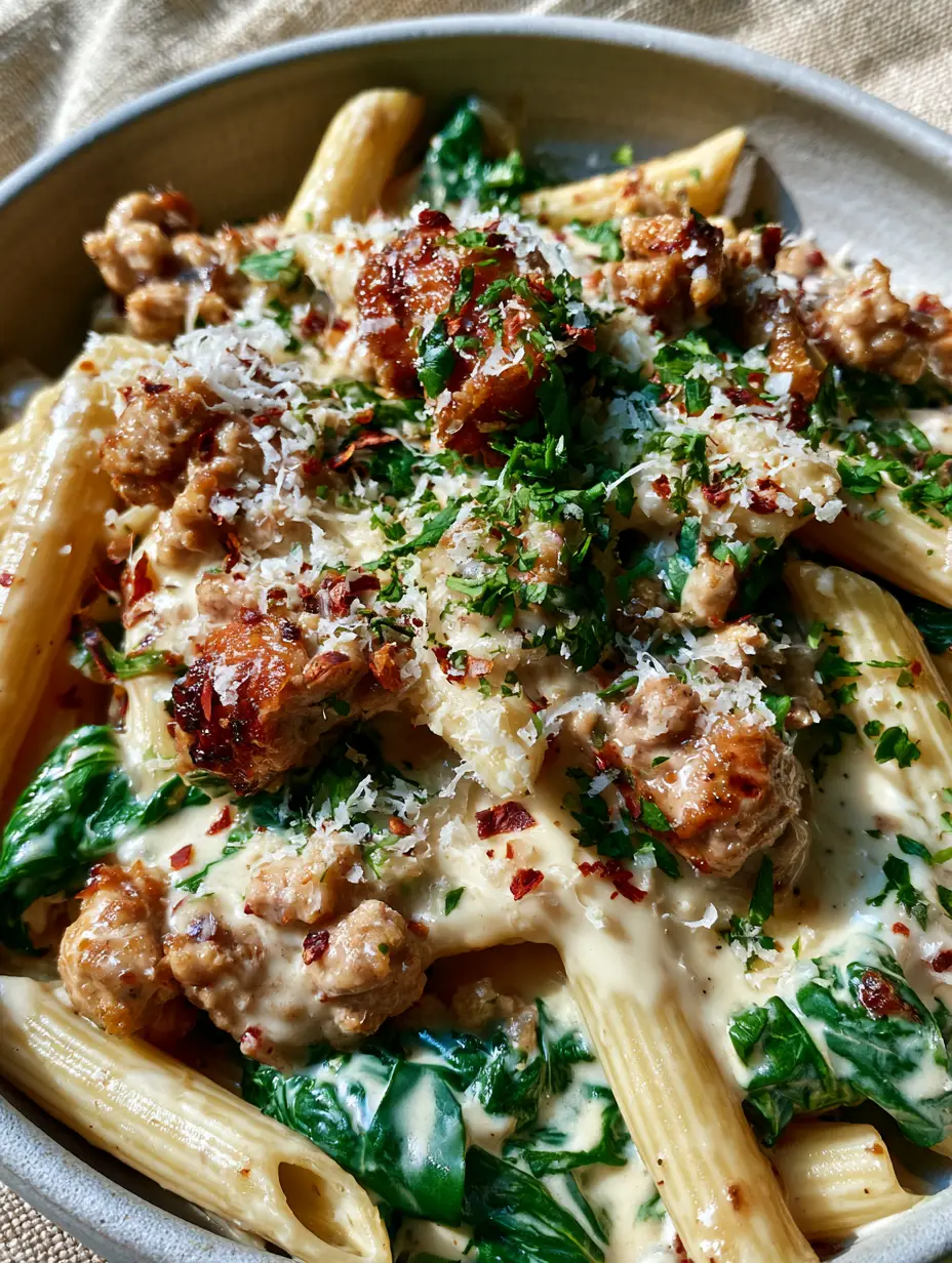 Close-up of Ground Turkey Pasta showing craggy caramelized turkey and thick ivory cream sauce on penne pasta.