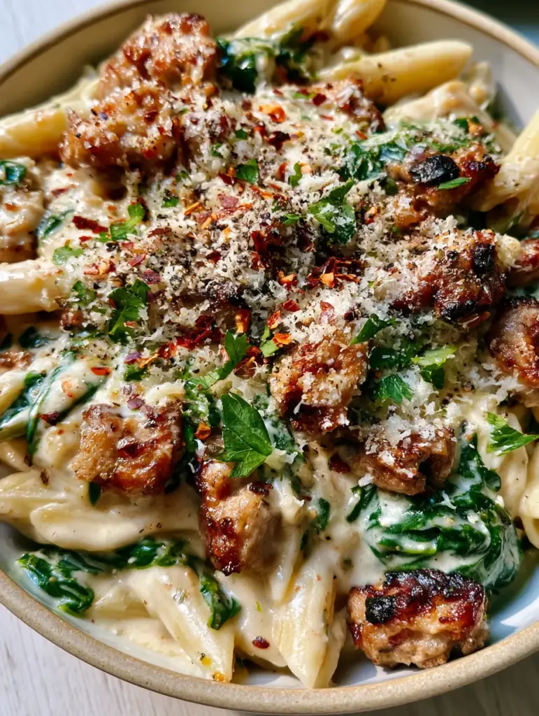 Overhead view of ground turkey spinach pasta garnished with red pepper flakes and black pepper.
