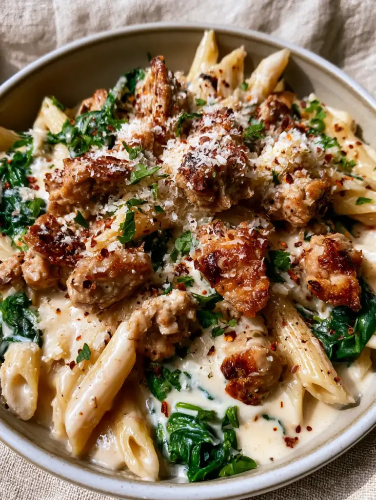 Shallow stoneware bowl filled with Ground Turkey Pasta, garnished with micro-grated parmesan and red chili flakes.