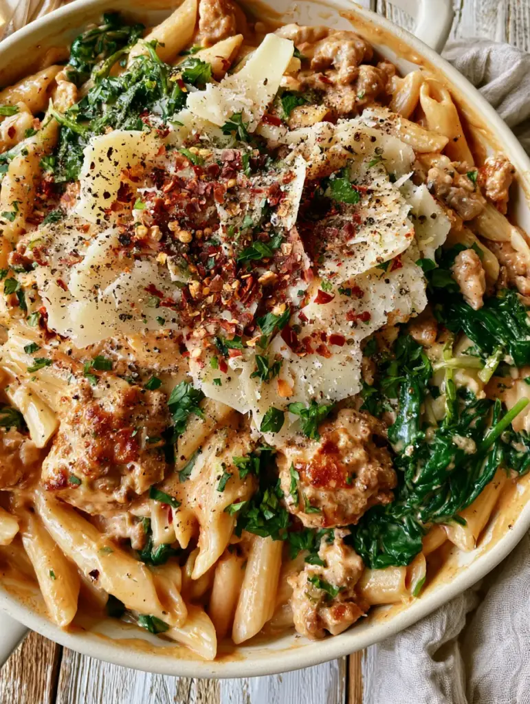 One-Pot Ground Turkey Pasta: The Creamiest 30-Minute Dinner 1 Close up of penne pasta coated in orange-tinted cream sauce with chili flakes and cracked black pepper. (One-Pot Ground Turkey Pasta)