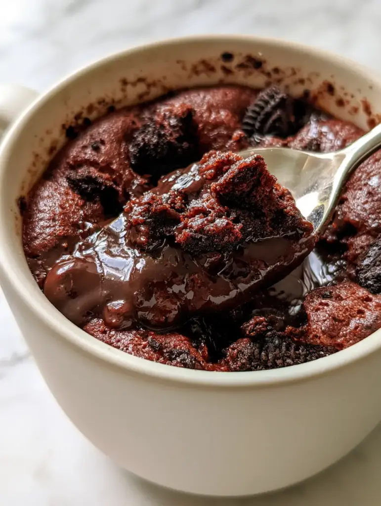 Oreo Mug Cake: The Ultimate Molten Lava 2-Minute Dessert 1 Vertical smartphone photo of an Oreo mug cake showing a silver spoon lifting the milk-soaked sponge.