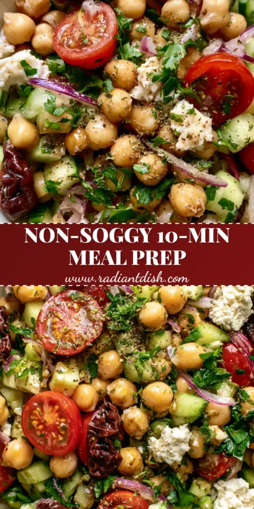 A top-down shot of a Mediterranean chickpea salad with cucumbers, tomatoes, and olives in a cream bowl. (chickpea salad)