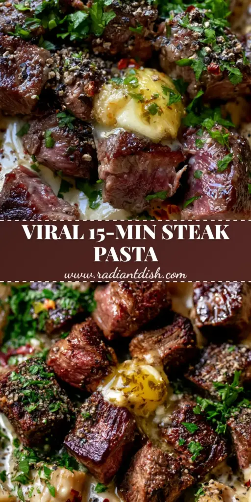 Steak Dinner Recipes: Garlic Butter Steak Bites with Creamy Parmesan Rigatoni 3 Top-down view of a ceramic bowl containing glossy parmesan rigatoni topped with mahogany seared steak bites and melting herb butter. (steak dinner recipes)