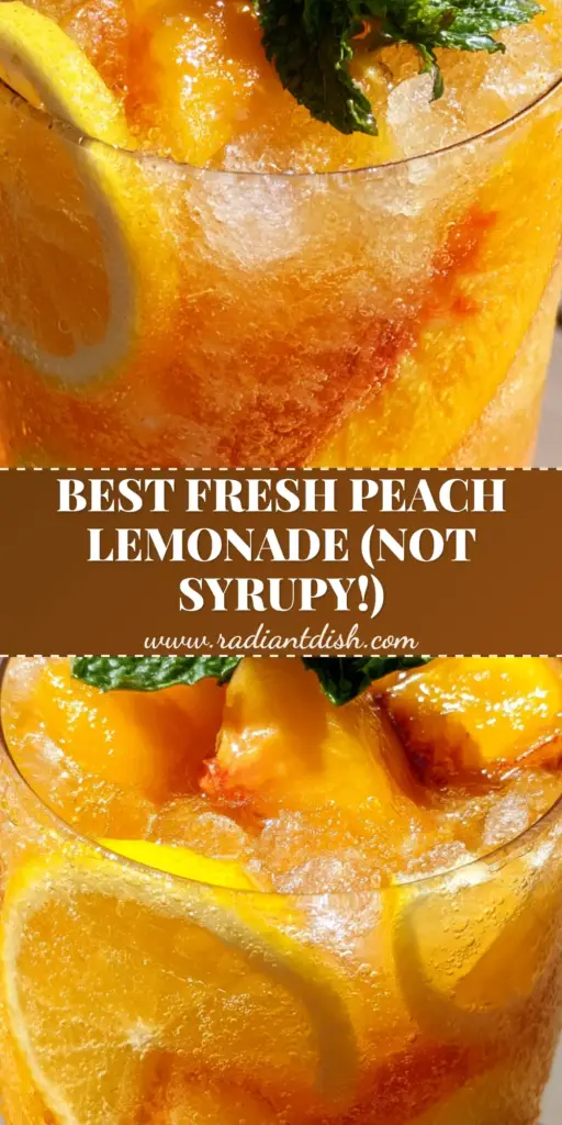 Refreshing Peach Lemonade with Fresh Puree and Sparkling Bubbles 4 A tall, frosted glass of peach lemonade on a sun-drenched wooden table with condensation and fresh mint.