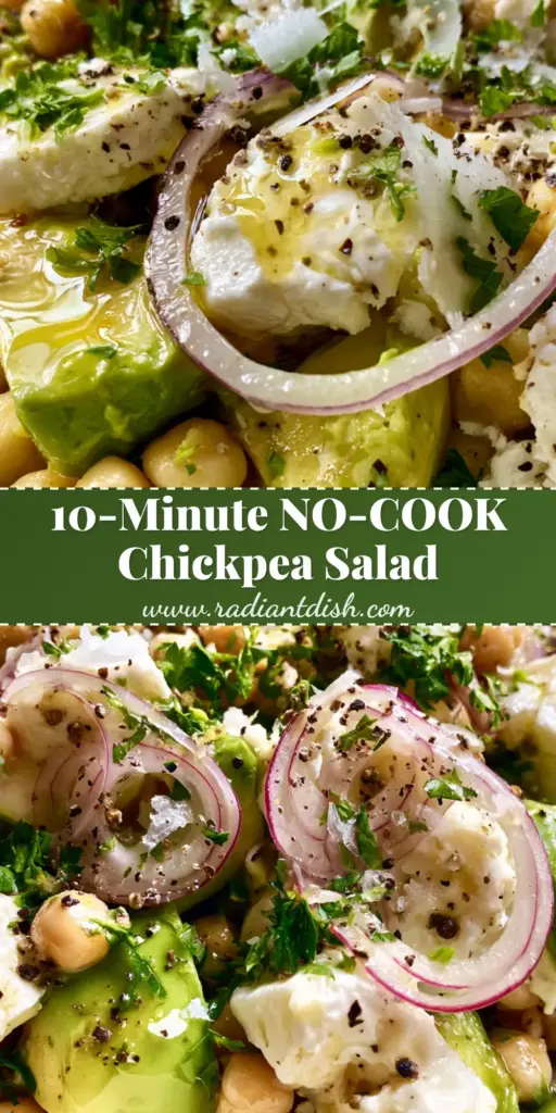 A vertical shot of Chickpea Feta Avocado Salad in a white bowl, featuring golden chickpeas and buttery avocado cubes. (Chickpea Feta Avocado Salad)