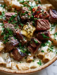Close-up of caramelized sirloin steak cubes with pink centers resting on a bed of creamy rigatoni sauce. (steak dinner recipes)