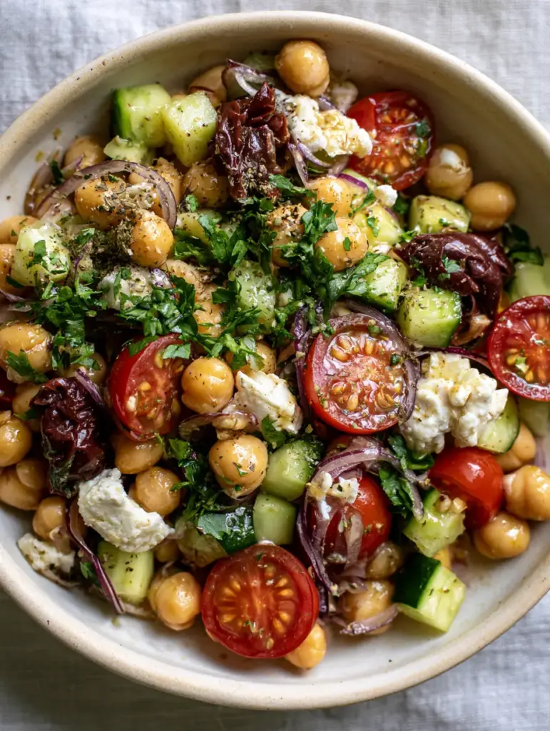 Detailed view of chunky vegan feta and wrinkled Kalamata olives in a Mediterranean salad.