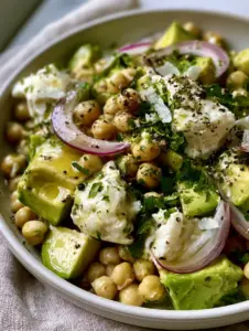 Extreme macro close-up of glossy lemon-herb vinaigrette over chickpeas and avocado. (Chickpea Feta Avocado Salad)