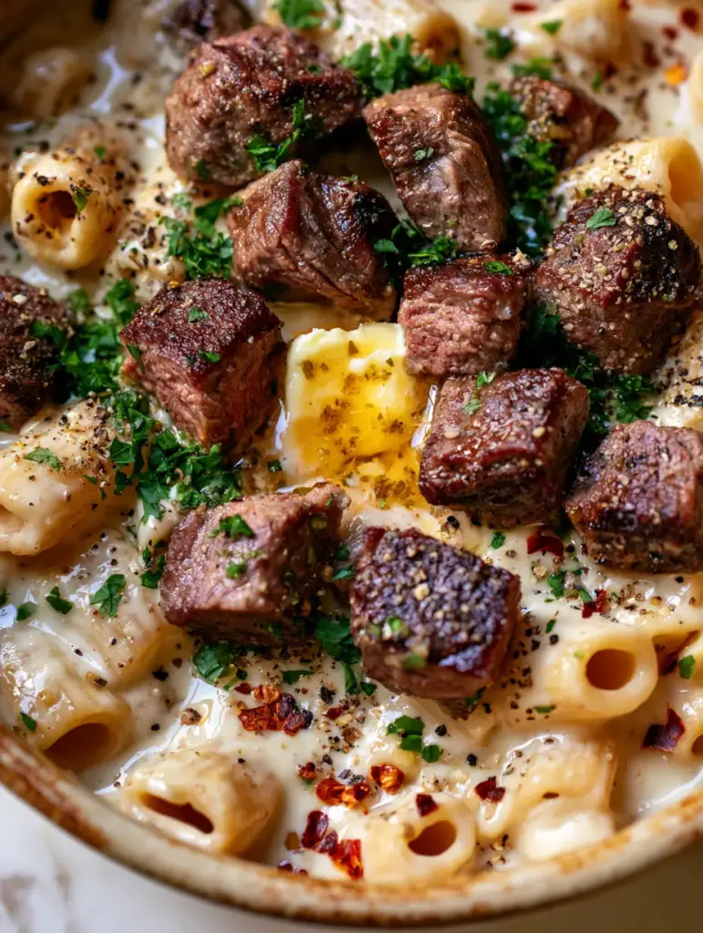Steak Dinner Recipes: Garlic Butter Steak Bites with Creamy Parmesan Rigatoni 1 A pat of herb butter melting over juicy seared steak cubes and glossy garlic parmesan cream sauce.