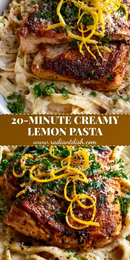Lemon Chicken Pasta with Garlic Butter Cream Sauce and Seared Medallions 3 A vertical Pinterest-optimized shot of Lemon Chicken Pasta with wide ribbons, seared medallions, and lemon zest curls.