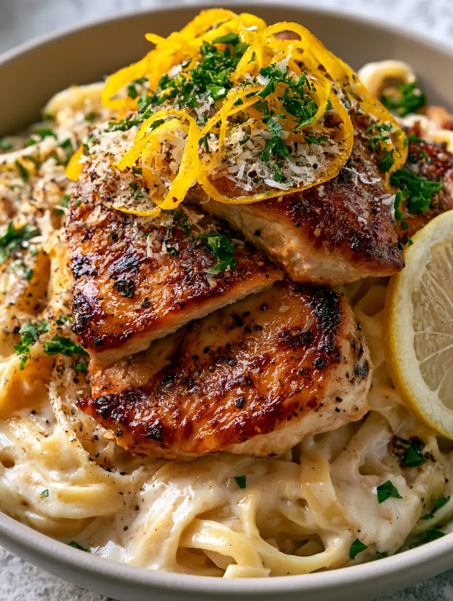 Lemon Chicken Pasta with Garlic Butter Cream Sauce and Seared Medallions 4 Close-up of Lemon Chicken Pasta in a matte bowl showing golden chicken medallions and parsley.