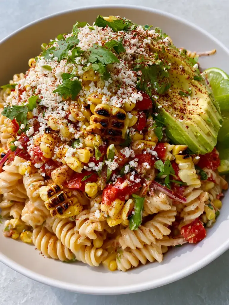 Close-up of rotini pasta coated in lime-crema dressing with smoked paprika and cilantro, ideal for BBQ side dishes.