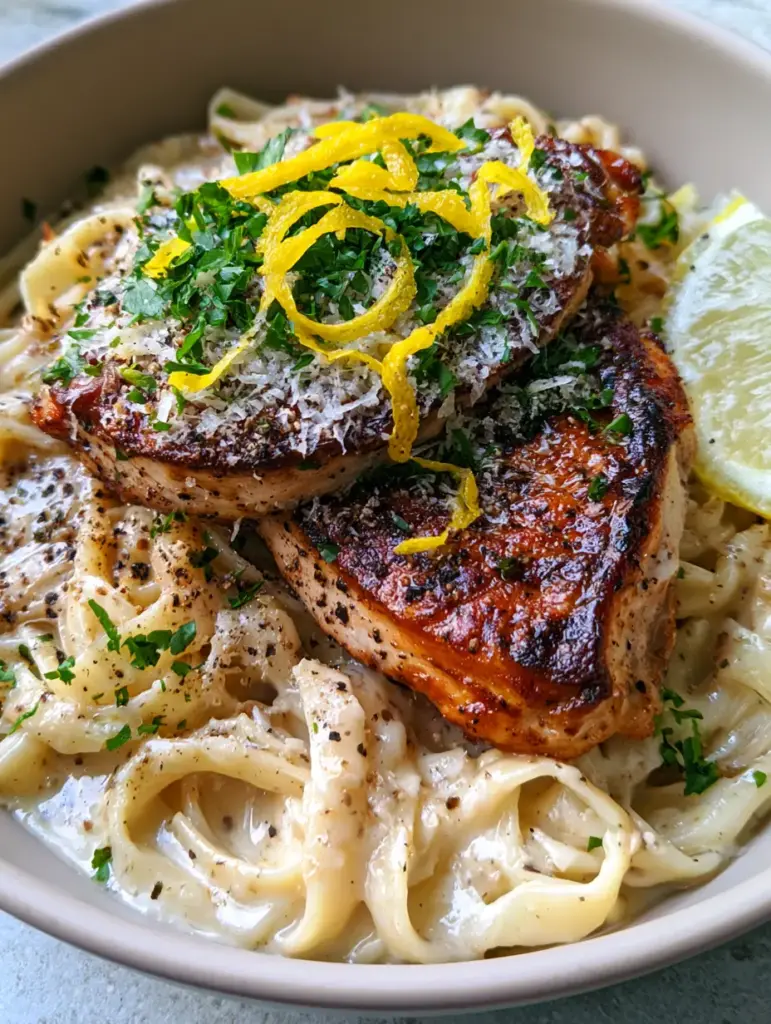 Lemon Chicken Pasta with Garlic Butter Cream Sauce and Seared Medallions 1 Top-down view of Lemon Chicken Pasta garnished with micro-planed parmesan and lemon curls.