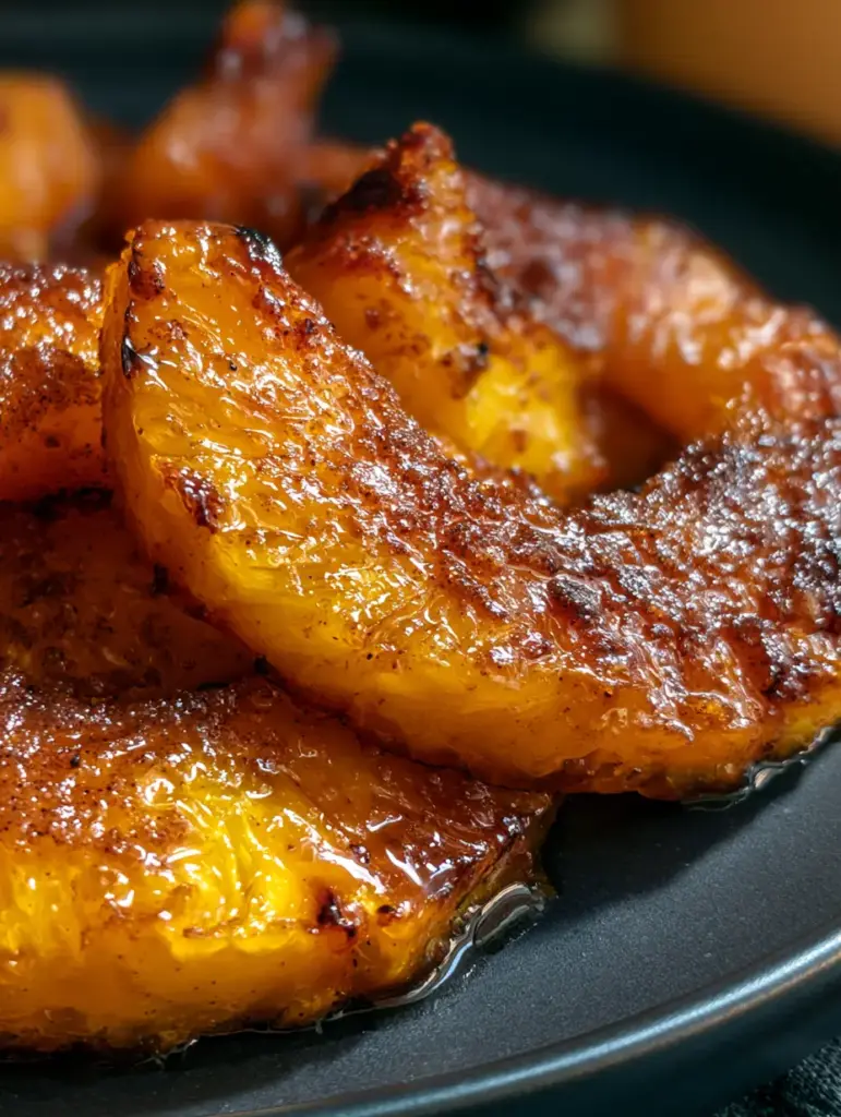 Juicy yellow Air Fryer Pineapple ring with cinnamon sugar bubbling on the surface.